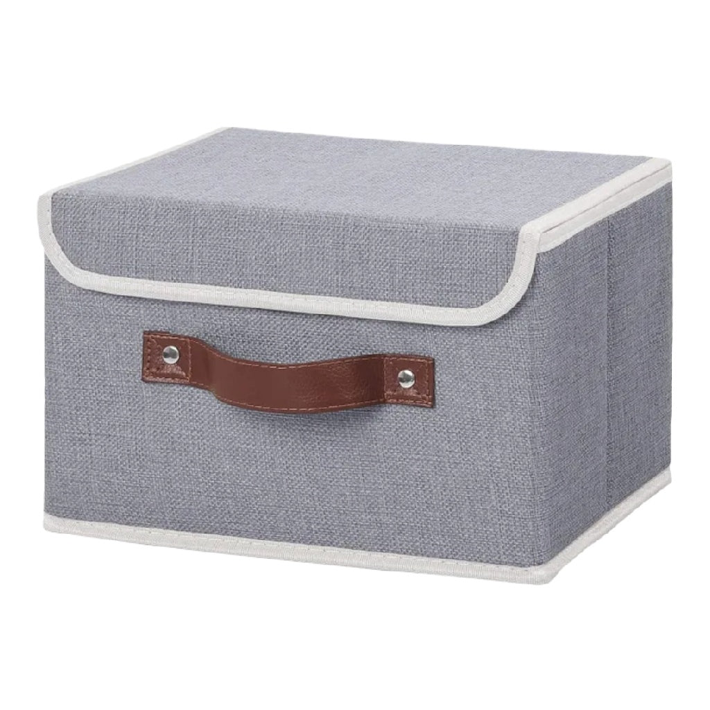 Boîte de rangement en tissu gris avec poignée en cuir et couvercle